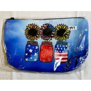 The Pouch Cosmetic Bag Womens OS Blue NWT Patriotic Sunflower Mason Jar Zip